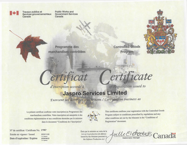 Jaspro Certificate of Registration Controlled Goods